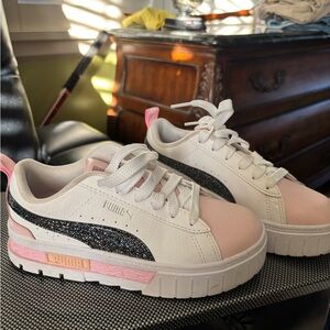 Puma Pink and White Sneakers with Glitter Stripe